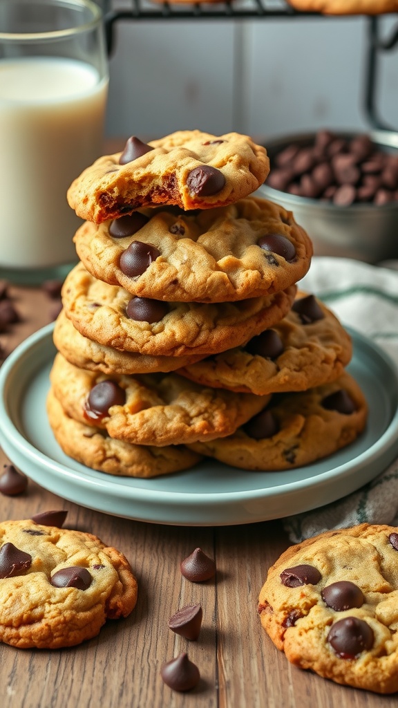 A plate of warm chocolate chip cookies with melted chocolate chips, accompanied by a glass of milk.